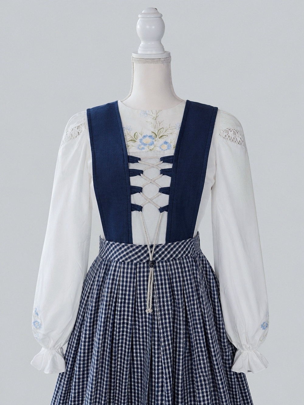 Vintage Gingham Dirndl-Style Midi Dress with Embroidered Blouse, Whimsy, Boho
